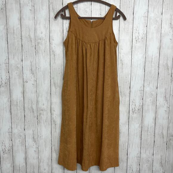 Handmade Brown Suede Sleeveless Flowy Back Zip Pockets Western Folk Midi Dress - Picture 1 of 7